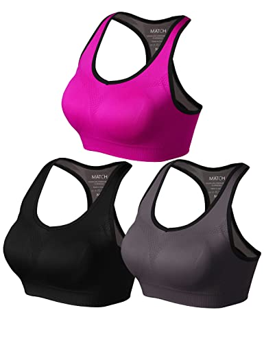 Match Womens Sports Bra Wirefree Seamless Padded Racerback Yoga Bra for Workout Gym Activewear with Removable Pads #001(1 Pack of 3(Black-Gray Brown-Plum),XL)
