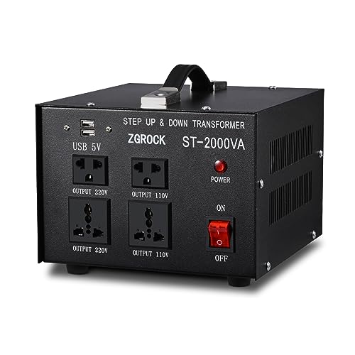 ZGROCK 2000 Watt Voltage Converter Transformer - Heavy Duty Step Up/Down AC 110V/120V/220V/240V Power Converter - Circuit Breaker Protection – DC 5V USB Port