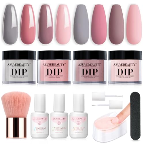 AZUREBEAUTY Dip Powder Nail Kit, 4 Colors Gentle Nude Pink Neutral Skin Dipping Powder System Liquid Set Recycling Tray with Base & Top Coat Activator for French Nail Art Manicure Salon DIY at Home