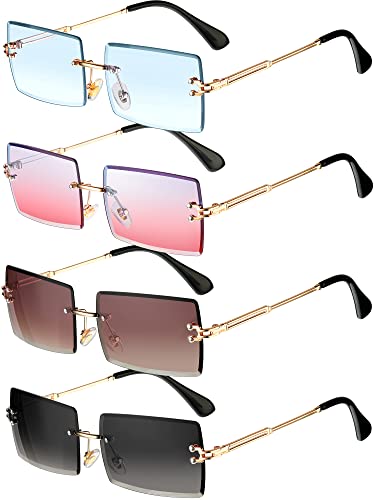 4 Pairs Rimless Rectangle Sunglasses Frameless Square Glasses Vintage Transparent Eyewear for Women Men (Cool Colors)