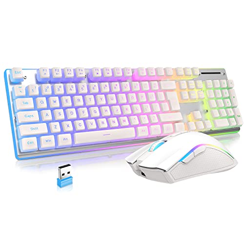 FELICON L96 Wireless Keyboard Mouse Combo, 3650mAh Rechargeable RGB Full Size Keyboard with Pudding Keycaps, Ergonomic Mechanical Feel 4800 DPi Rainbow Led Mute Mouse 2.4G USB for PC/Mac(White)