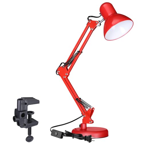 TORCHSTAR Metal Swing Arm Architect Desk Lamp with Clamp, Adjustable Gooseneck Table Lamp, Clip Desk Lights for Home Office, Work, Study, Reading, E26 Base, Multi-Joint, Red