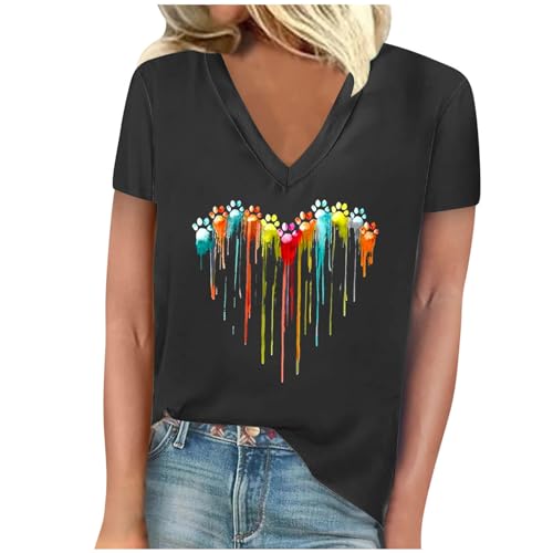 Summer Tops for Women Cute Funny Dog Paw Graphic Tshirts Loose Casual Short Sleeve V Neck Shirts Heart Print Tees Black