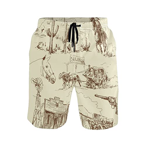 Boccsty Wild West Cowboy Horse Men's Boy's Novelty Beach Shorts Animals Swim Trunks Summer Quick Dry Bathing Suits L