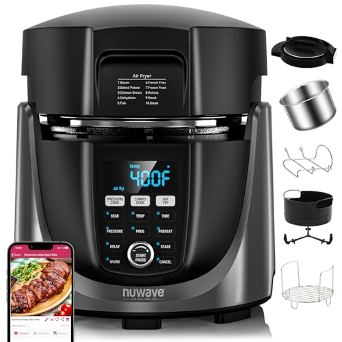 Nuwave Duet Air Fryer and Electric Pressure Cooker Combo with 2 Switchable Lids, 300 FoolProof One-Touch Presets, Crisp&Tender Tech, 6QT Heavy-duty Stainless Steel Pot, 15+ Safety Features, Max 105Kpa