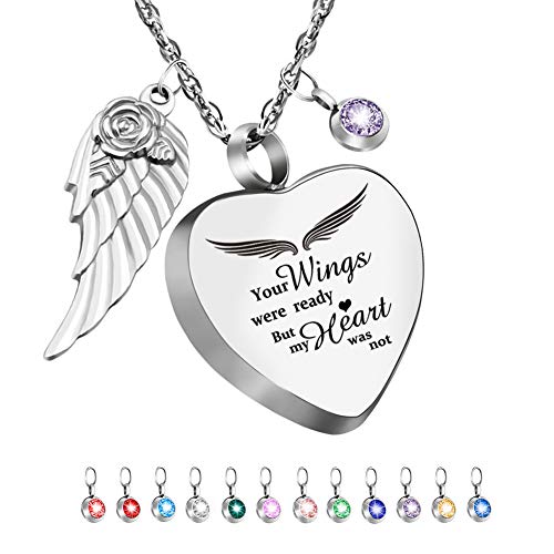 Dletay Heart Urn Necklace for Ashes with 12 Birthstones Cremation Jewelry for Ashes -Your Wings Were Ready My Heart Was Not