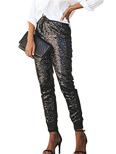 ALLUMK Women's Spakle Sequin Punk Style Crop Jogger Pants with Drawstring XL Black