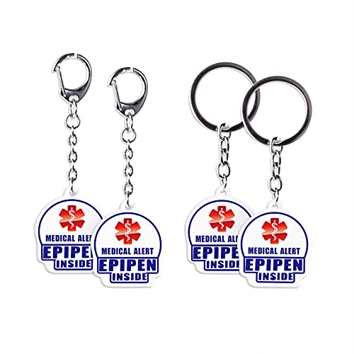 4 Pack Epipen Inside Keychain - Allergy Medical Alert Symbol Bag Tags Set, Double Side Key Tag for Zipper Pull Charm 1.4” for Adult and Child