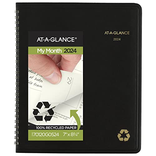 AT-A-GLANCE 2024 Monthly Planner, 7' x 8-3/4', Medium, Spiral Bound, Recycled, Monthly Tabs, Black (70120G0524)