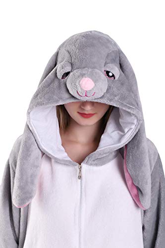 EJsoyo Adult Onesie Bunny Sleepwear Lion Animal Puppy Cartoon Costume and Teens Pajamas Unisex Christmas Halloween Cosplay (Rabbit, L)
