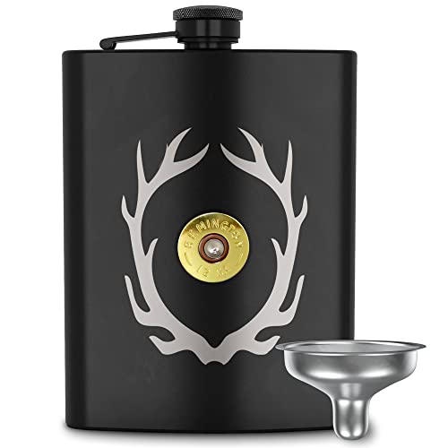 HAMILO Shotgun Shell Deer Hunting Flask for Liquor with Funnel, 8oz Leakproof Camping Flask for Men and Women, Engraved Antlers Whiskey Flask, Hunting Gear Gift Idea, Black Stainless Steel Hip Flasks