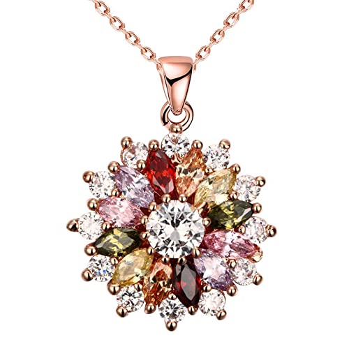 WSKFLY Colorful Snowflake Pendant Necklace, Rose Gold Plated Multi Gemstone Necklaces Marquise Cubic Zirconia Necklace for Women, 18+2 inch
