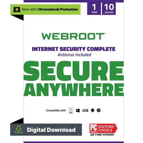Webroot Internet Security Complete | Antivirus Software 2024 | 10 Device | 1 Year Download for PC/Mac/Chromebook/Android/IOS + Password Manager, Performance Optimizer & Cloud Backup