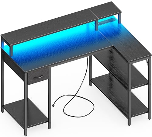 SUPERJARE L Shaped Gaming Desk with LED Lights & Power Outlets, Reversible Computer Desk with Storage Shelves & Drawer, Corner Desk Home Office Desk, Black