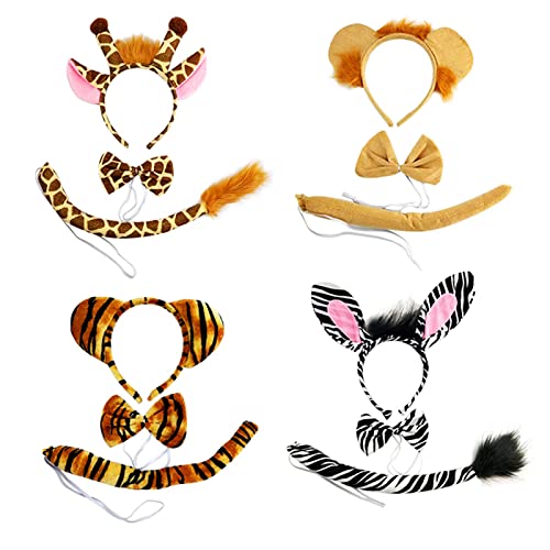 Virtue morals 4 Sets Zoo Animal Headbands for Adults, Halloween Animal Ears and Tail Set Animal Costume Accessory (Lion, Tiger, Giraffe and Zebra)