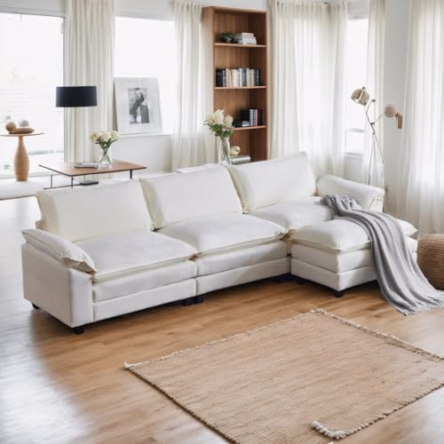 Karl home Sectional Sofa Modular Deep 3-Seat Sofa Couch with Ottoman, Chenille Sofa Sleeper Comfy Upholstered Furniture for Living Room, Apartment, Studio, Office, Beige