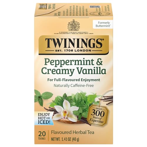 Twinings of London Tea Herbal Buttermint, Caffeine Free Peppermint Tea Blend with Natural Mint and Vanilla Flavor, 20 Individually Wrapped Tea Bags 