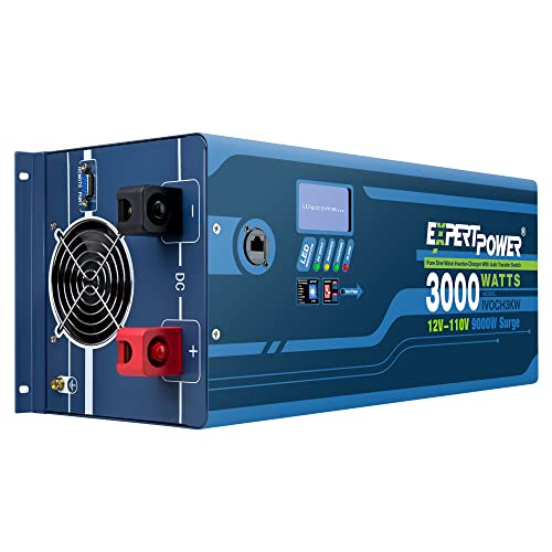 ExpertPower 3000W Pure Sine Wave Inverter Charger | Peak 9000W | DC 12V - AC 110V | LifePO4/ Lithium Battery Compatible | Auto Transfer Switch | LCD Display