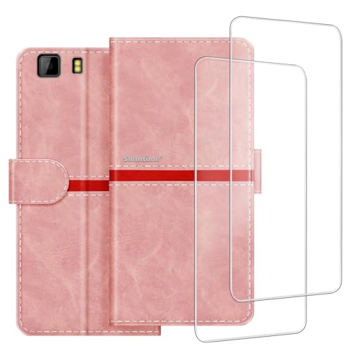 ESACMOT Phone Case Compatible with Doogee X5 + [2 Pack] Screen Protector Glass Film, Premium Leather Magnetic Protective Case Cover for Doogee X5 Pro (5 inches) Pink