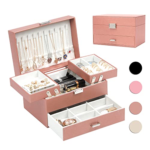 Dajasan Jewelry Organizer Box, Jewelry Box Organizer for Women Girls, 3 Layers Large Jewelry Storage Case for Earring, Rings, Necklaces Bracelets, Watch (Rose Gold)