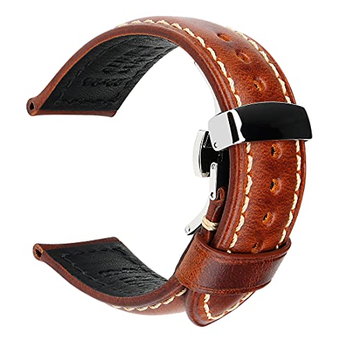 REZERO Oil Wax Leather Watch Band, 18mm 19mm 20mm 21mm 22mm 23mm 24mm 26mm Leather Watch Strap Stainless Steel Deployment Buckle with Push Buttons