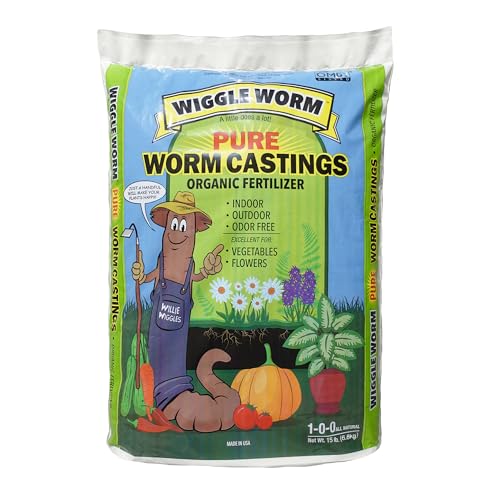 Unco Industries Wiggle Worm 100% Pure Organic Worm Castings Fertilizer, 15-Pounds - Improves Soil Fertility and Aeration for Houseplants, Vegetables, Gardens, and More – OMRI-Listed and Mineral-Dense