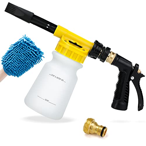 Ohuhu Car Wash Foam Gun, Car Wash Soap Sprayer with 3/8' Brass Connector & Car Washing Mitts, Dual Filtration, 6 Levels of Foam Concentration, Quick Connect to Most Garden Hose (Yellow)