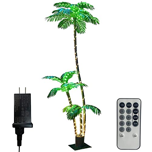 Artificial Palm Tree Christmas Tree 7Ft 3Trunks 260LED Lighted Simulation Tropical Palm Tree Fake Plant Light for Patio Home Office Beach Yard Cruise Hawaiian Party Tiki Bar Decorations - Electric