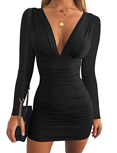 GOBLES Women's Sexy Long Sleeve V Neck Ruched Bodycon Mini Party Cocktail Dress Black
