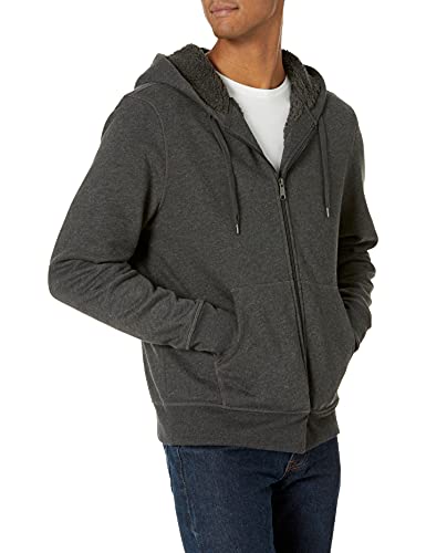 Amazon Essentials Men's Sherpa-Lined Full-Zip Hooded Fleece Sweatshirt, Charcoal Heather, Small