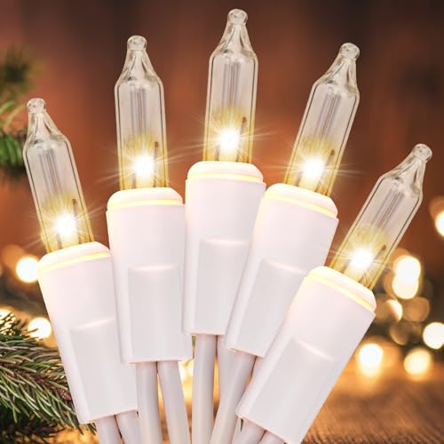 Meteds Christmas Lights 100 Count Clear Mini Lights White Wire UL Certified Connectable Warm White String Lights for Christmas Tree,Garland,Home,Patio, Wedding,Party,Festival Decor