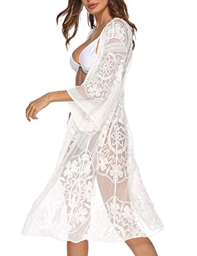 Womens 3/4 Sleeve Floral Crocheted Chiffon Mesh Cover Up White Lace Kimono Cardigan Duste