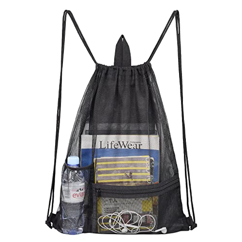 Rudmox Heavy Duty Drawstring Mesh Bag, Gym Backpack Sports String Bag with Bottle Holder for Balls, Swiming, Beach Toys