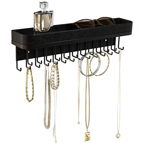 J JACKCUBE DESIGN Necklace Holder Wall Mounted Jewelry Organizer for Bracelet, Earrings and Rings with 25 Hooks - Gothic Room Decor Bedroom Shelf Rack (Black) - MK124B