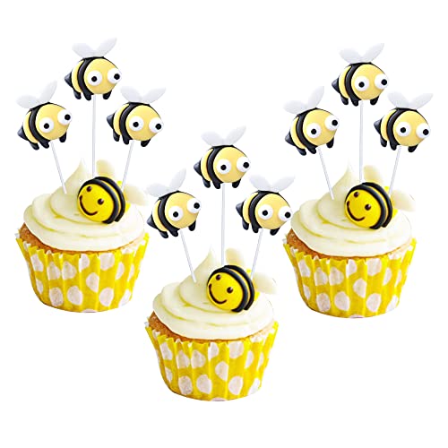 24Pcs Bumble Bee Cupcake Toppers Little Figurine Bee Cupcake Picks Oh Babee Cake Decorations for Bee Theme Baby Shower Kids Boys Girls Birthday Party Decoration Supplies