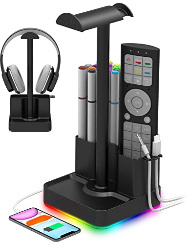 KAFRI RGB Headphone Stand with Pen Holder, Headset Holder Hanger Rack with USB A & C Chargers, Desk Gaming Accessories Suitable for Gamer Desktop Table Boyfriend Gifts