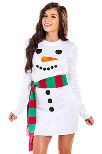 Tipsy Elves Women's White Snowman Ugly Christmas Sweater Dress with Scarf, Small