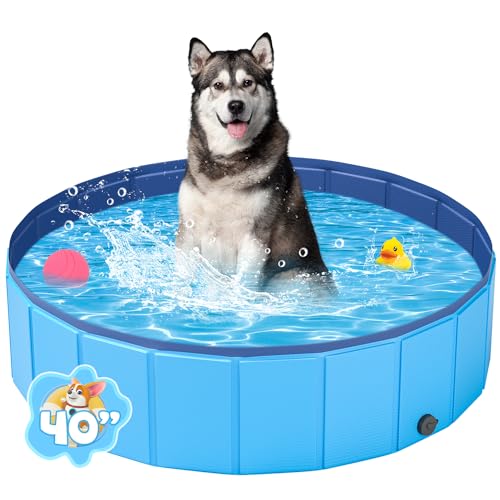 YSJILIDE Foldable Dog Pool, Portable PVC Dog Pet Swimming Pool, Collapsible Plastic Dog Bath for for Large Medium Small Dogs & Kids (M-40' x 12' Blue)