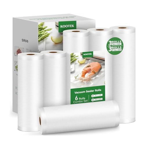 Kootek Vacuum Sealer Bags for Food, 6 Rolls for Custom Fit Food Storage, Meal Prep or Sous Vide, 8' x 20' (3 Rolls) and 11'x 20' (3 Rolls) Commercial Grade Vacuum Seal Freezer Bags Rolls