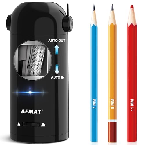 AFMAT Electric Pencil Sharpener for Colored Pencils 7-11.5mm, Auto in & Out, Fully Automatic Rechargeable Hands-Free Pencil Sharpener for Large Pencils, Graphite/Sketch Pencils, Teacher Gift, Black