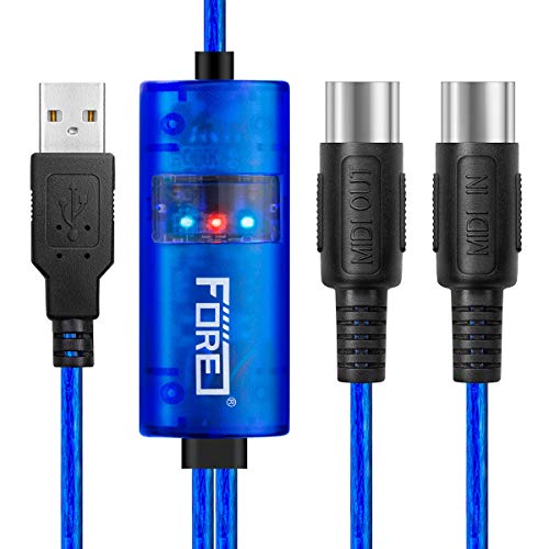Fore MIDI to USB Interface MIDI Adapter with Input&Output Connecting with Keyboard/Synthesizer for Editing&Recording Track work with Windows/Mac OS for Studio USB 2.0 Color Blue - 6.5Ft