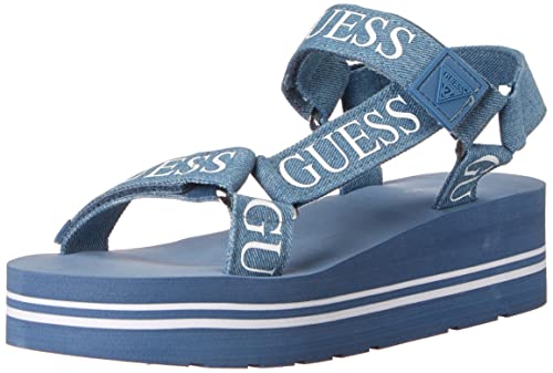 Guess Women's AVIN Wedge Sandal, Blue+White Denim, 8