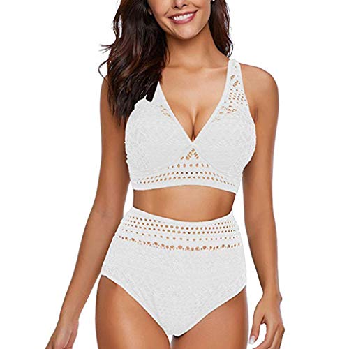 Crochet Two V Set Neck Pieces High Lace Swimsuit Waist Women's Bikini Swimwears Tankinis Sunflower Bikini (B-White, S)