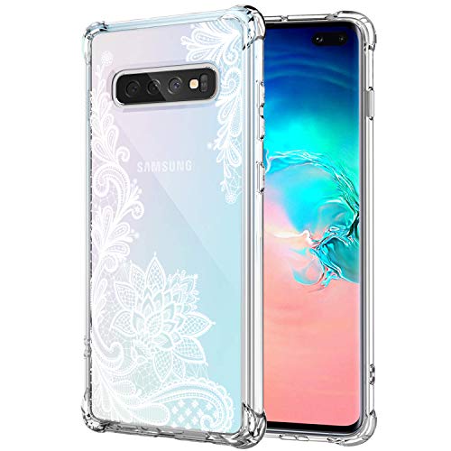 KIOMY Galaxy S10+ Case Clear with Lace Design Shockproof Bumper Protective Case for Samsung Galaxy S10 Plus Cute White Flower Pattern Flexible Slim Fit Rubber Floral Cell Phone Back Cover Girl Women