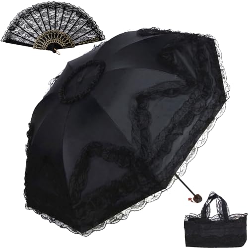 URAWESO Black Parasol Gothic Lace UV Protection Victorian Umbrella for Travel Kawaii Vampire Cosplay Wedding Decor (Flower Printed Lining)