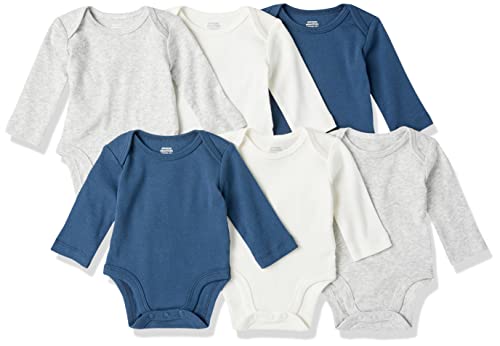 Amazon Essentials Unisex Babies' Long-Sleeve Bodysuits, Pack of 6, Navy/Grey Heather/White, 0-3 Months