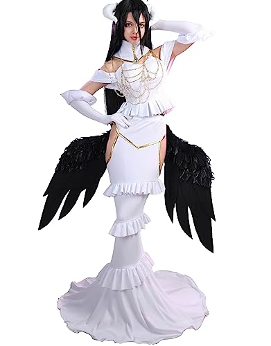 Cosplay.fm Women’s Anime Costume Dress Outfit with Collar Necklace Gloves Horns for Albedo Cosplay (XL, White)