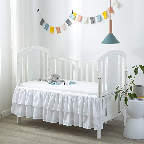 JSD White Ruffled Crib Bed Skirt Double Layer Nursery Toddler Dust Ruffle Bedding Skirt 14' Deep Drop