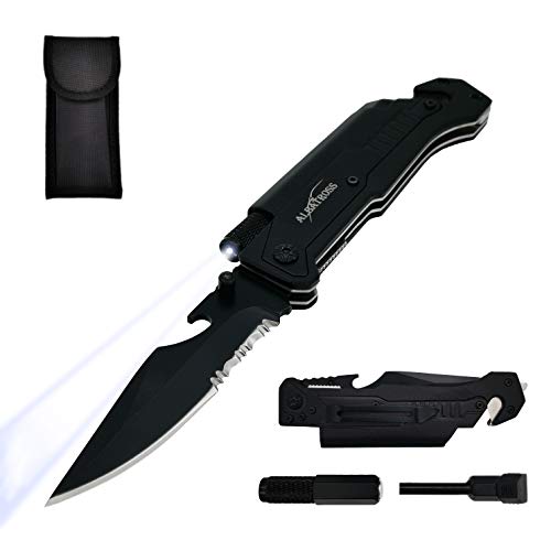 ALBATROSS 6-in-1 Survival Tactical Military Folding Pocket Knives with LED Light,Seatbelt Cutter,Glass Breaker,Magnesium Fire Starter,Bottle Opener;Multi-Function Emergency Tool(Black-1)