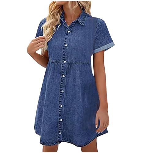 nhApmj Women Denim Baby Doll Dress Lapel Neck Button Dress Short Sleeve T Shrit Dress Trendy Casual Comfy Loose Dress